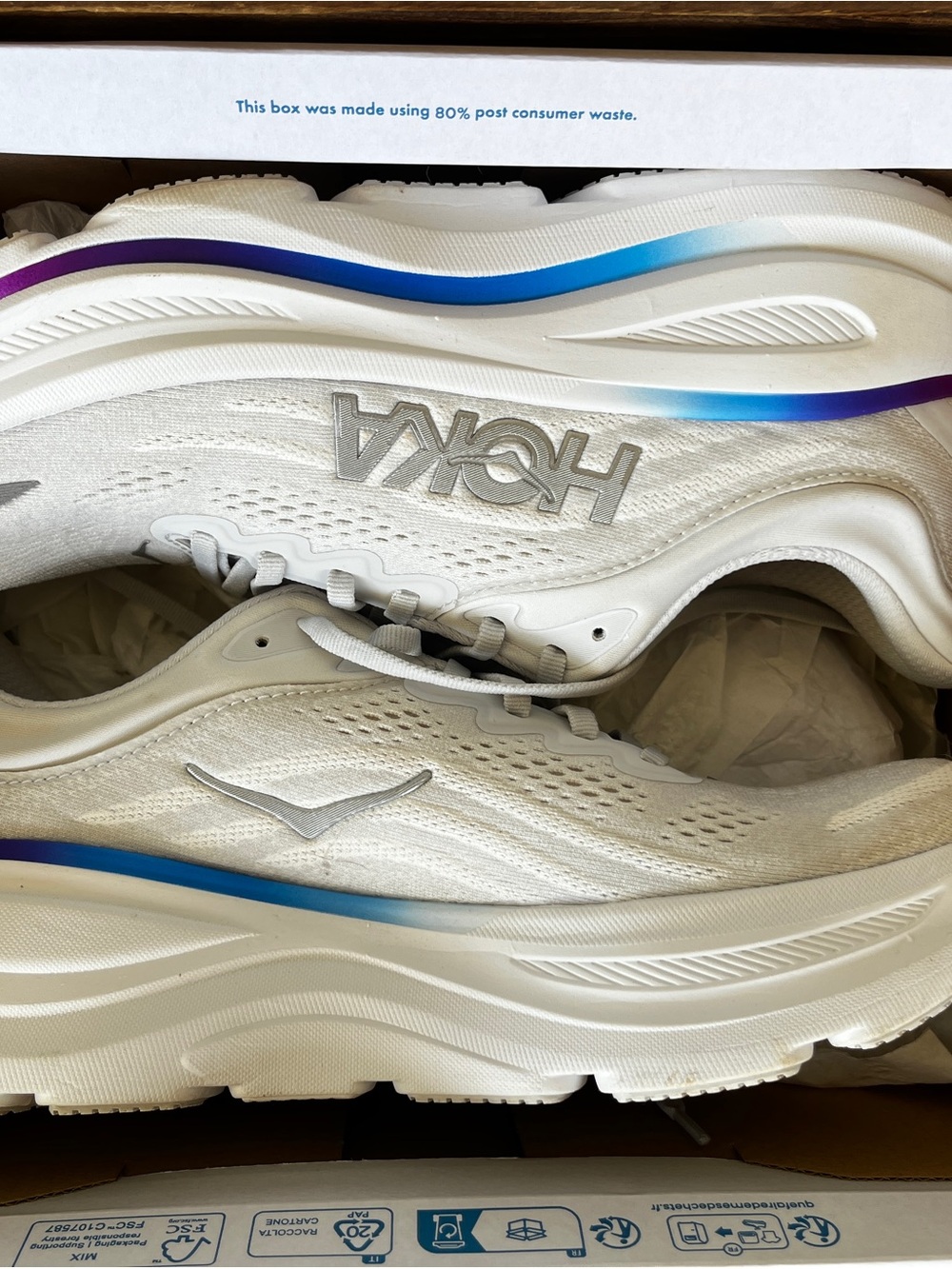 Hoka White Running Shoes with Blue and Purple Gradient Trim